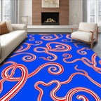 Red White Swirls on Blue Background Rug