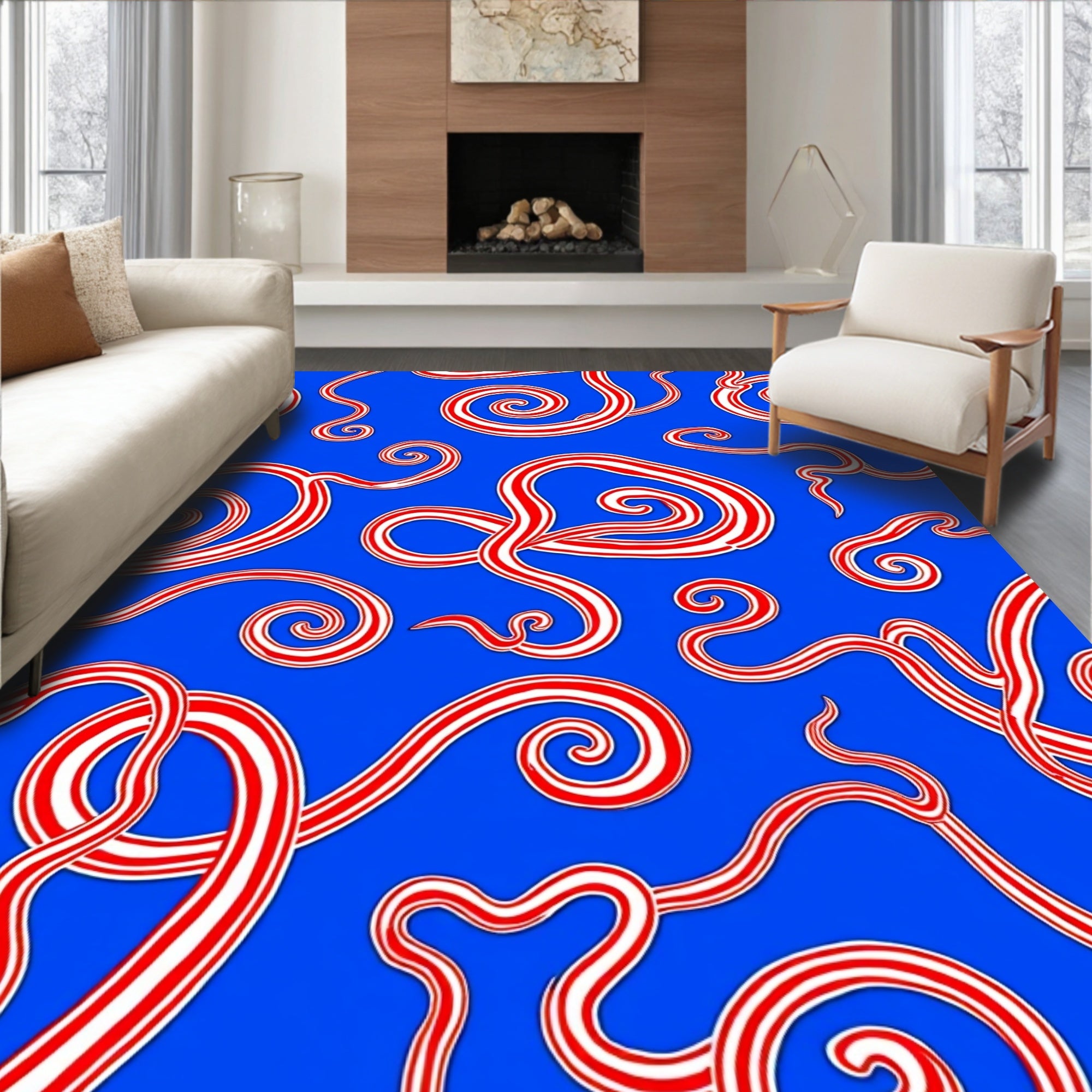 Red White Swirls on Blue Background Rug