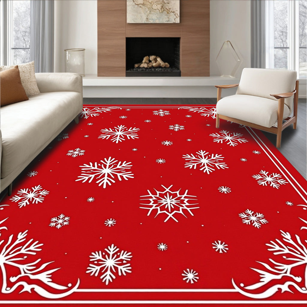 Red White Snowflake Winter Wonderland Rug