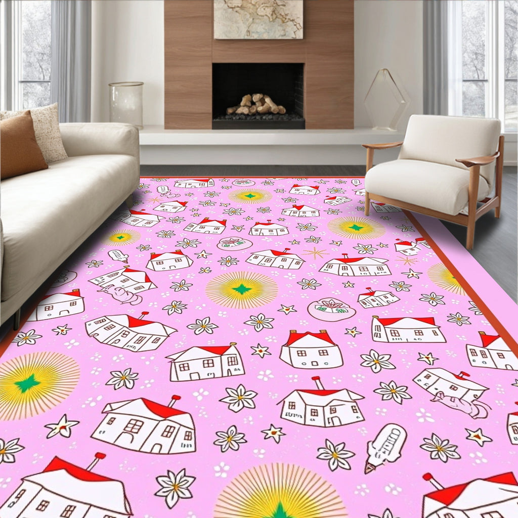 Pink White Houses Floral Whimsical Rug