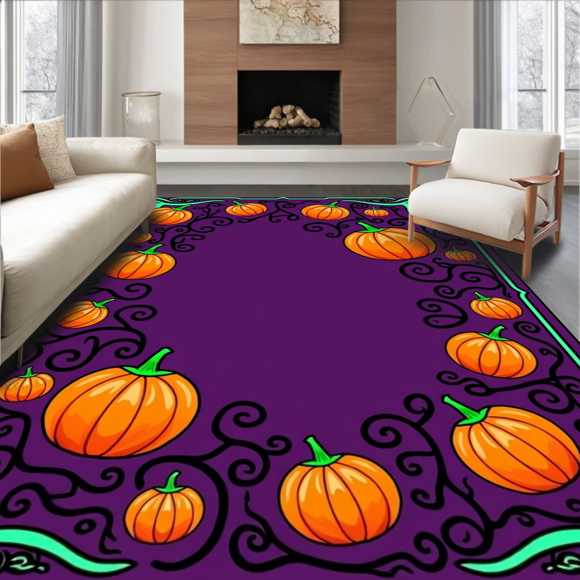 Purple Orange Pumpkin Spooky Swirl Border Rug