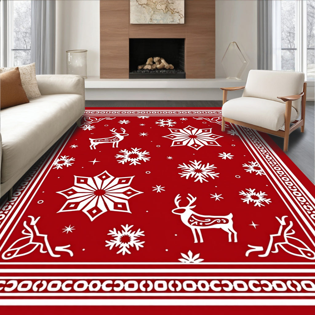 Red White Winter Deer Snowflakes Rug