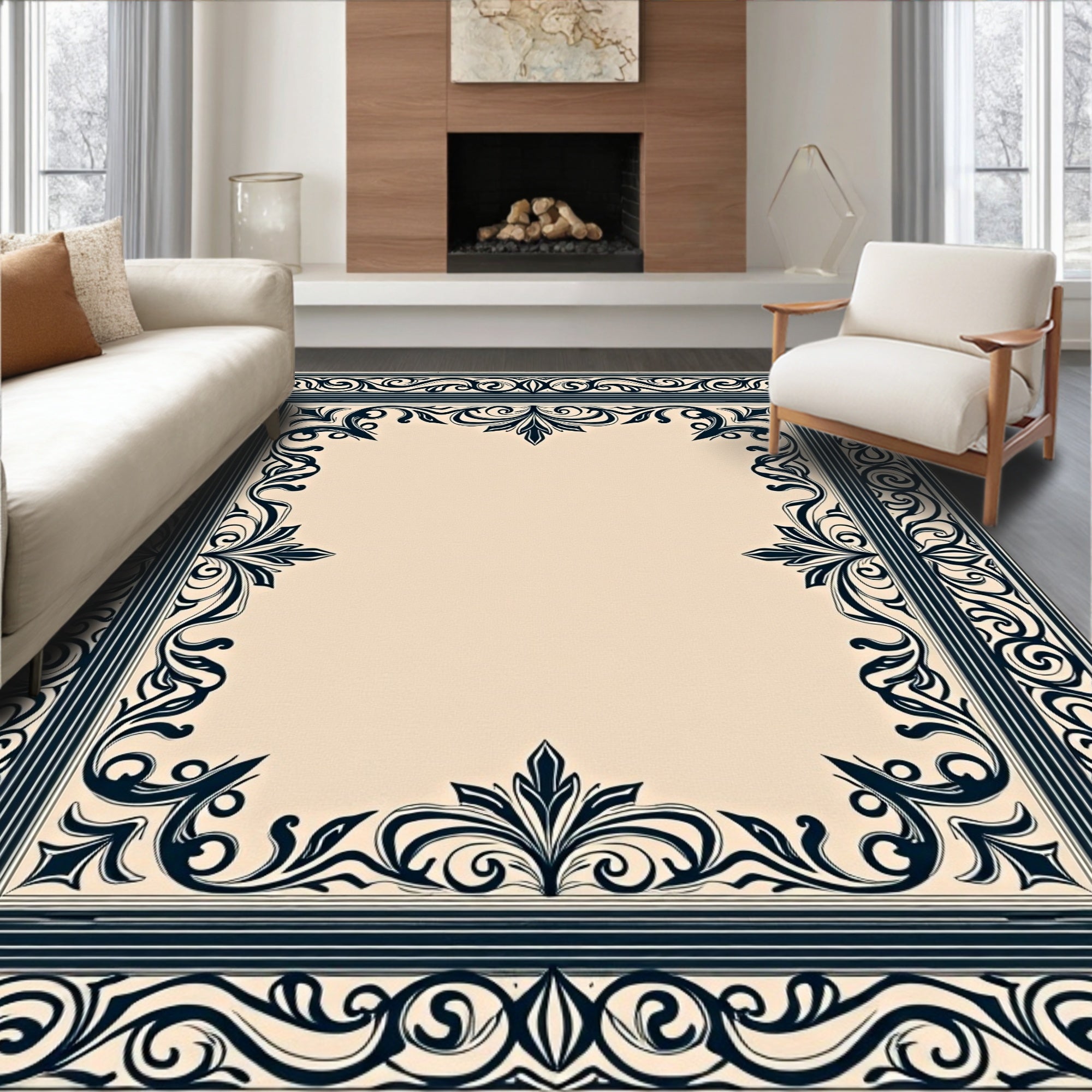 Dark Navy Victorian Filigree Border Rug