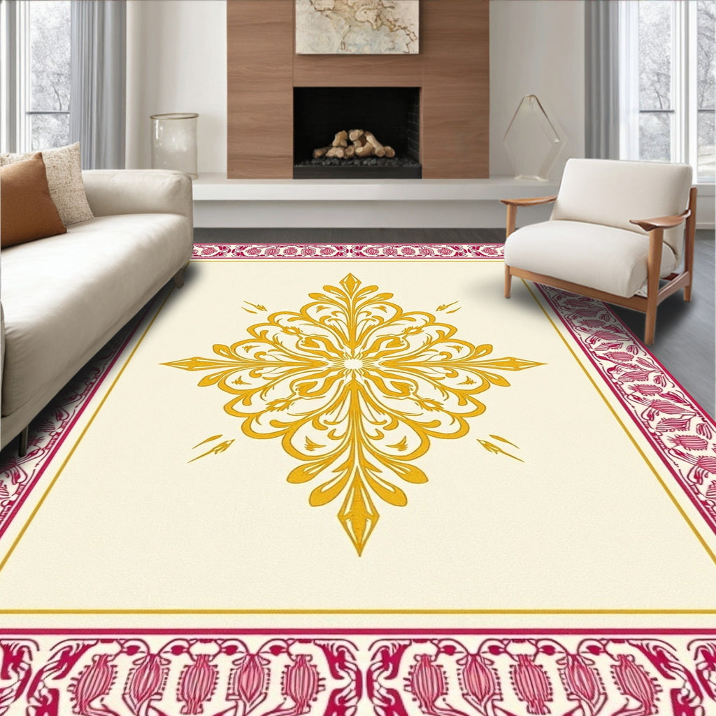 Glamorous Gold Floral Crimson Border Rug