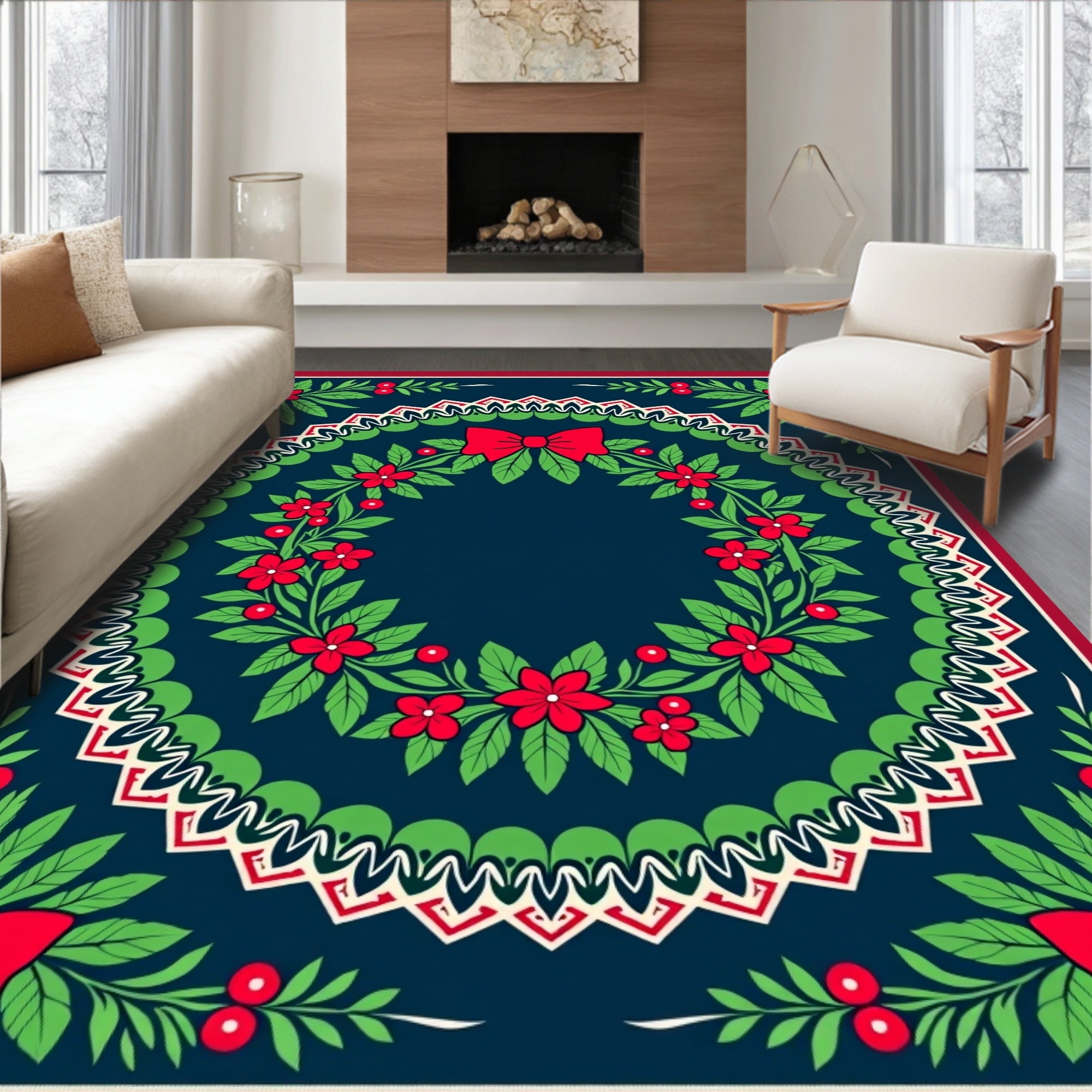 Festive Red Holly Berry Wreath Rug