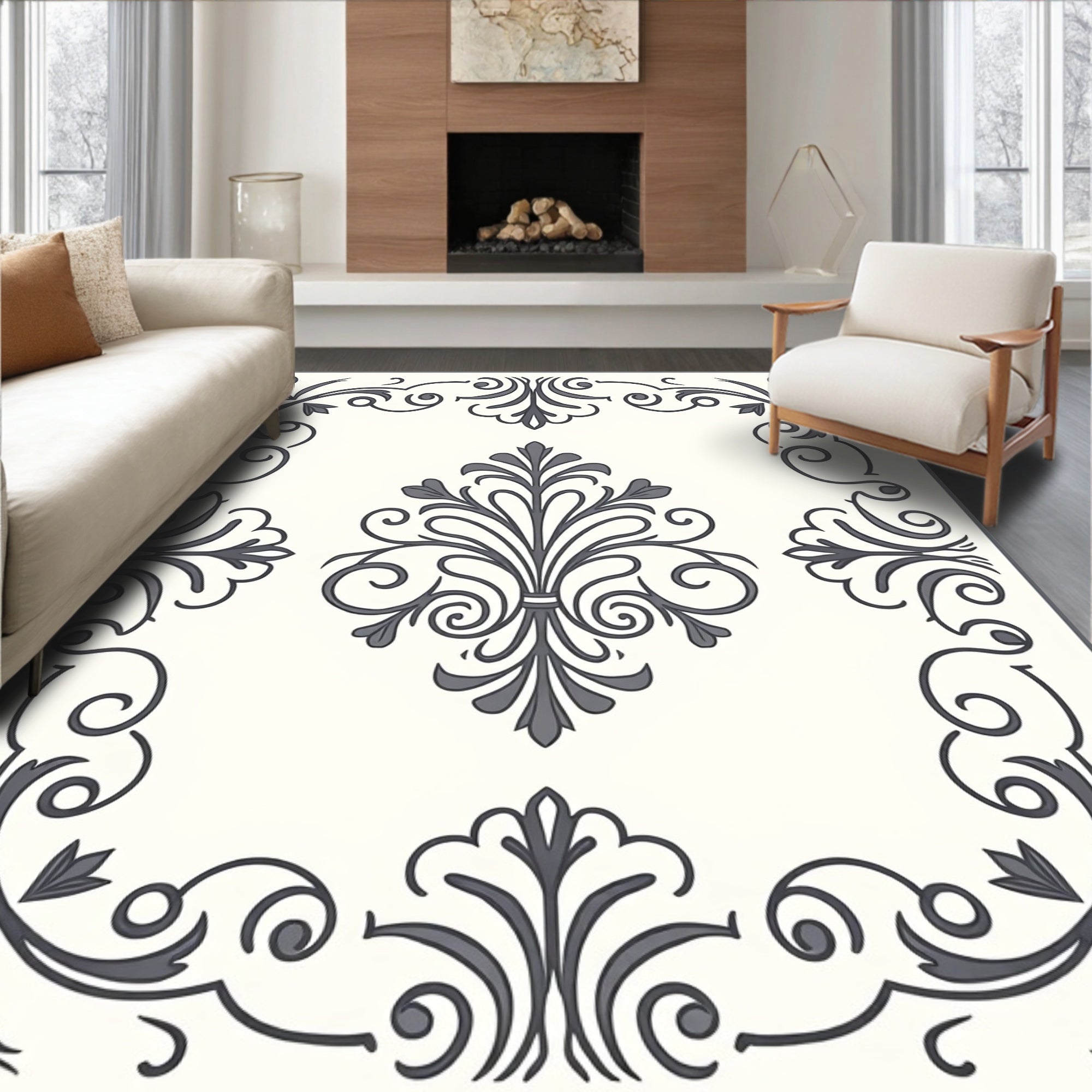 Ornate Gray Scrollwork Floral Framing Rug