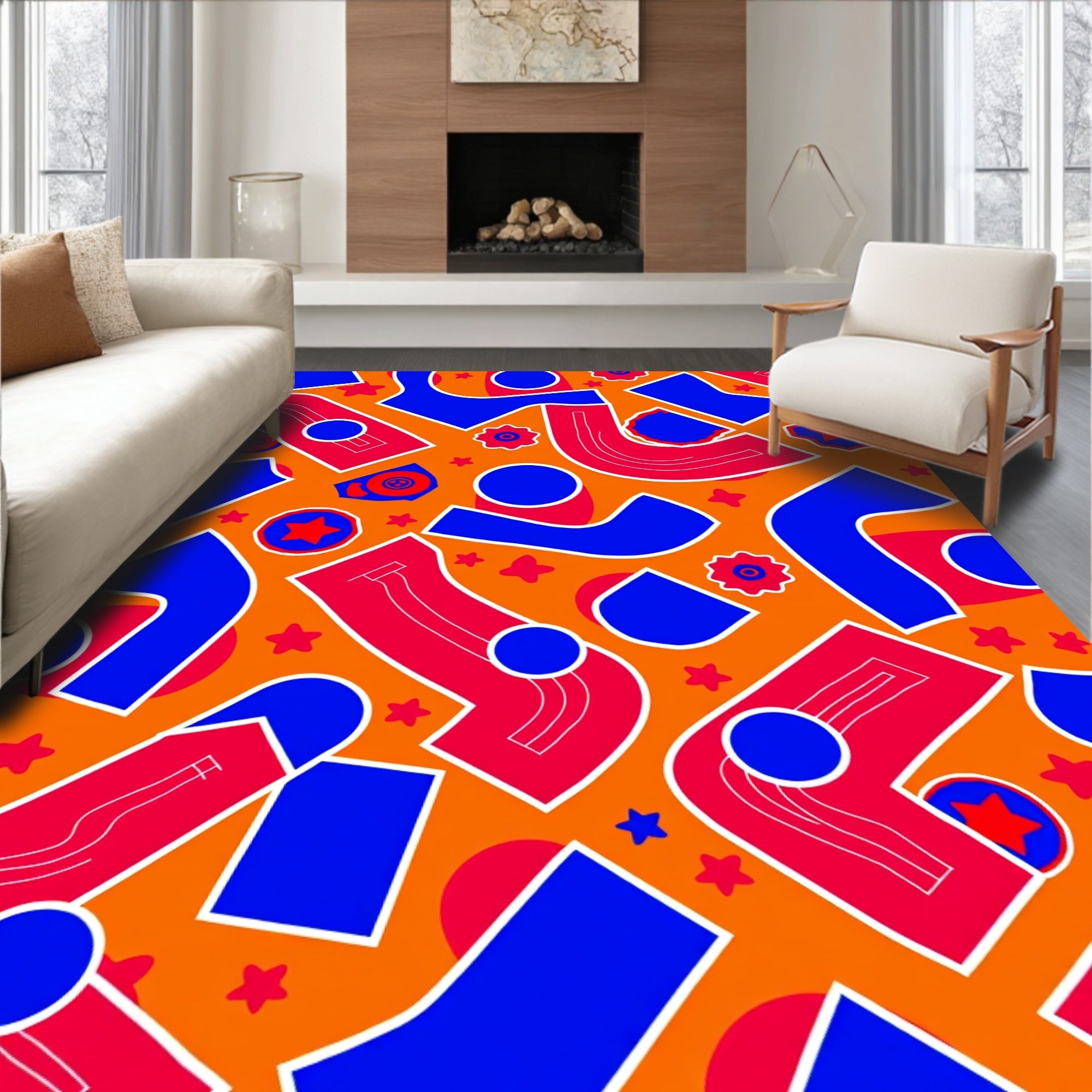 Retro Orange Blue Red Abstract Shapes Rug