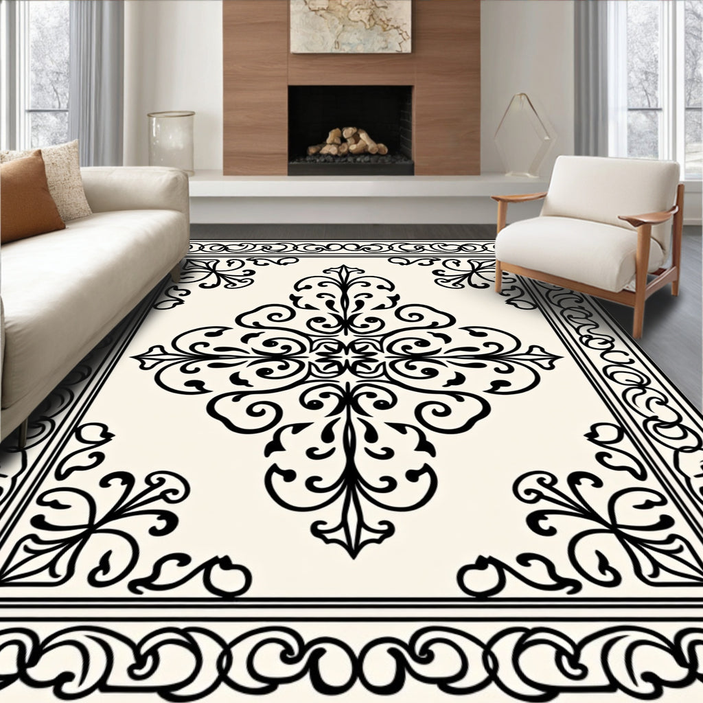 Ornate Cream Black Floral Medallion Rug