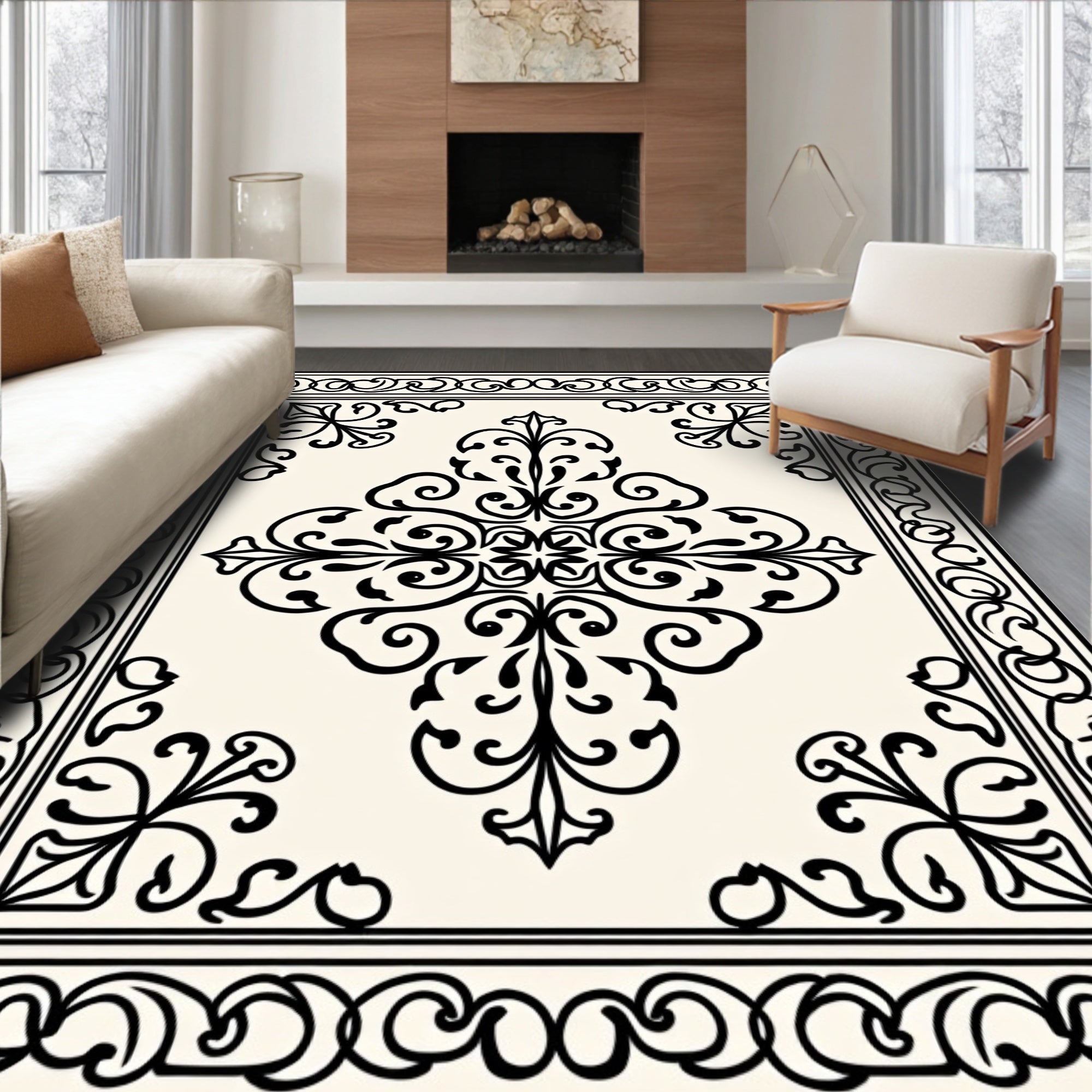 Ornate Cream Black Floral Medallion Rug