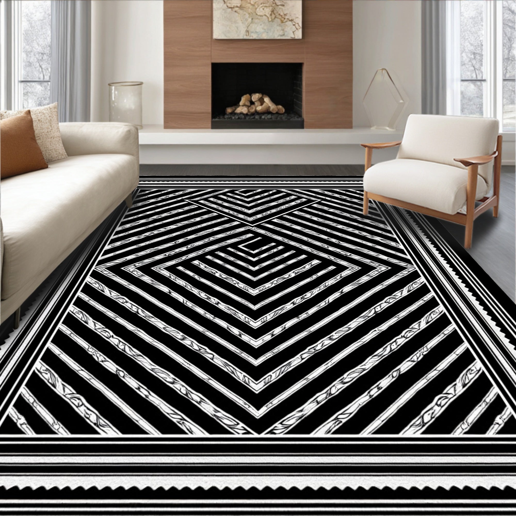 Monochromatic Geometric Diamond Chevron Rug