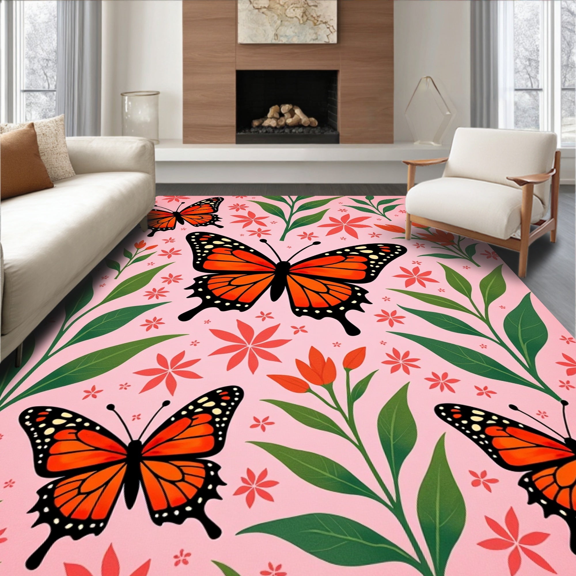 Whimsical Orange Monarch Butterflies Garden Rug