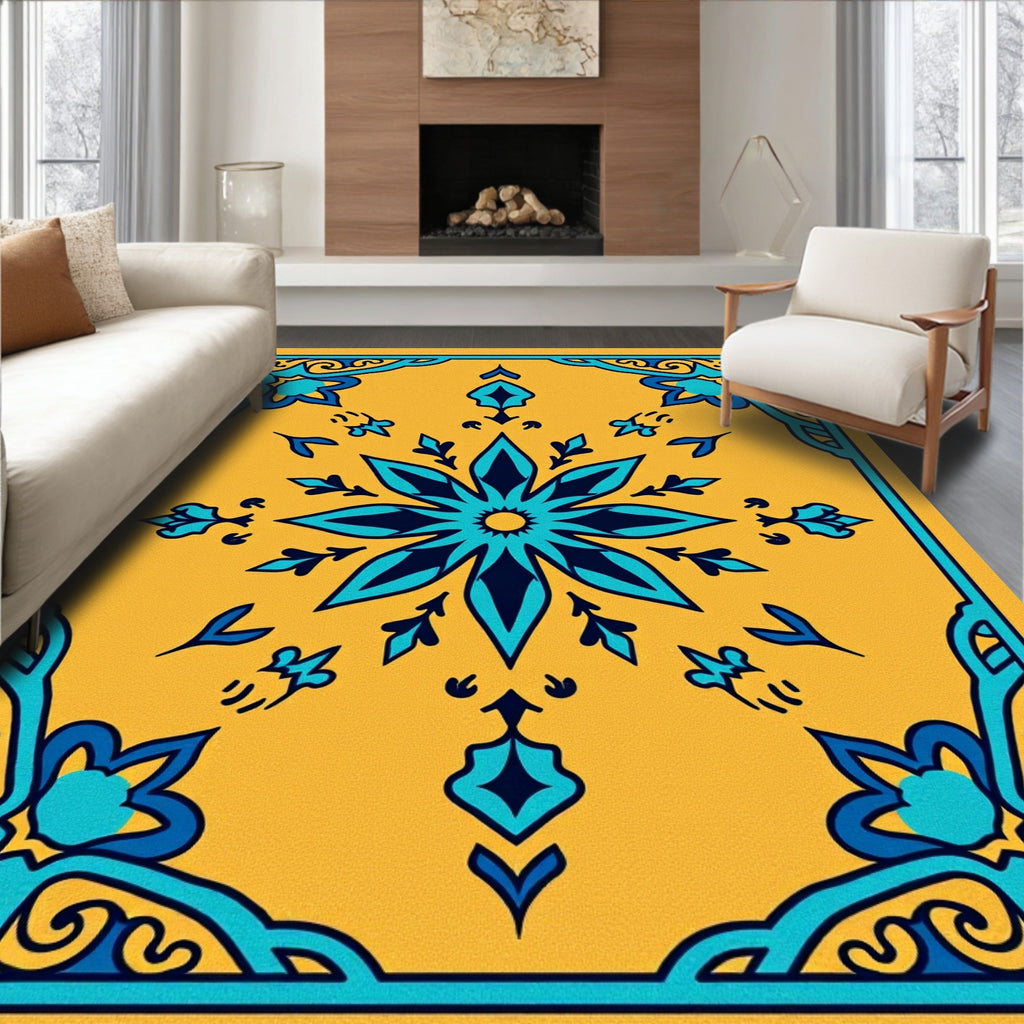 Ornate Teal Floral Medallion Yellow Rug