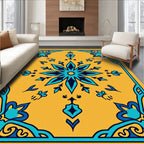 Ornate Teal Floral Medallion Yellow Rug