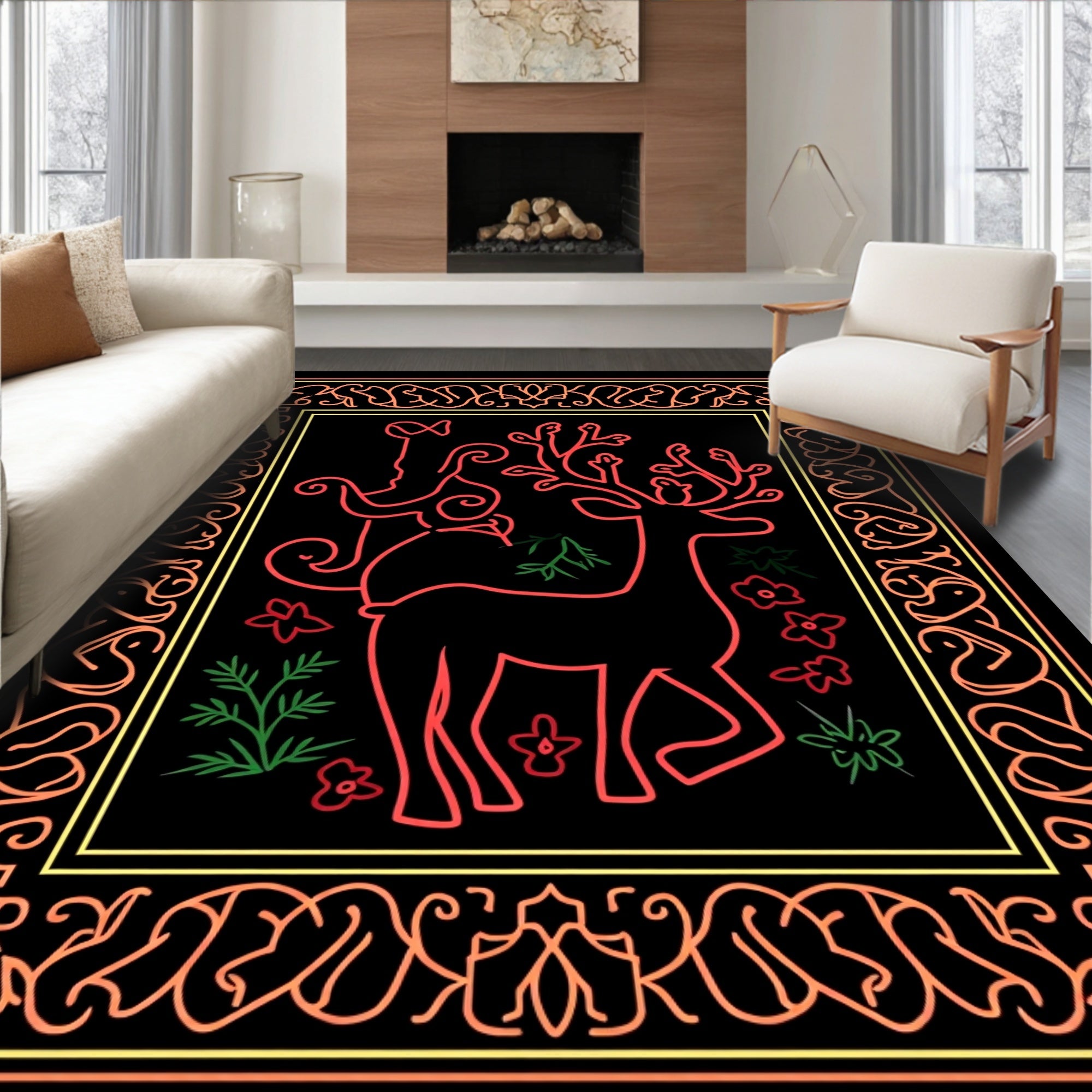 Crimson Deer With Laurel Border Rug