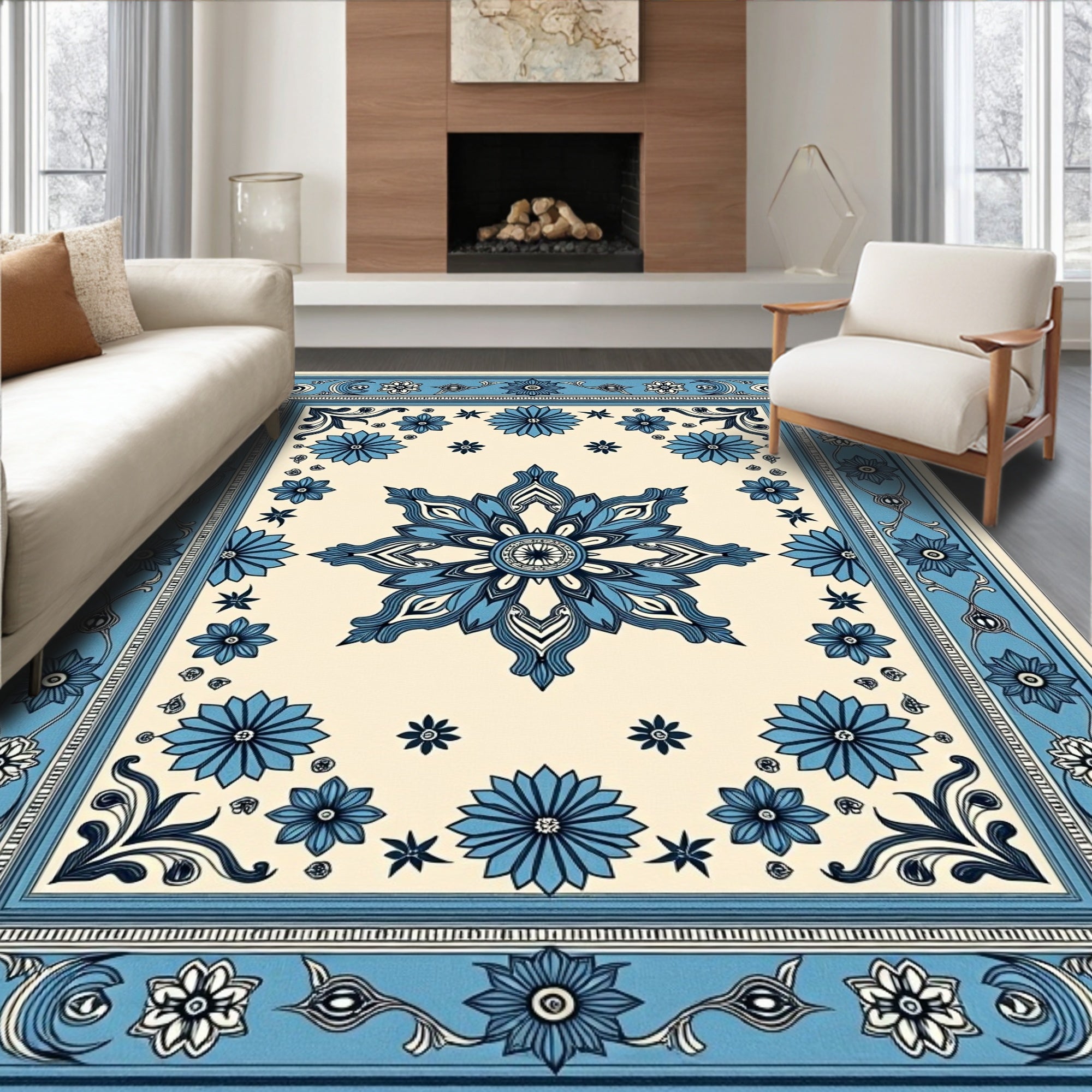 Cerulean Blue Floral Medallion Rug