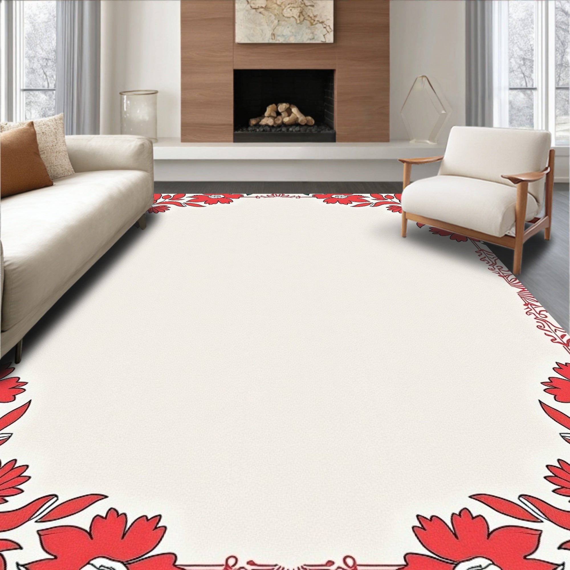 Vibrant Red Floral Border In Cream Rug
