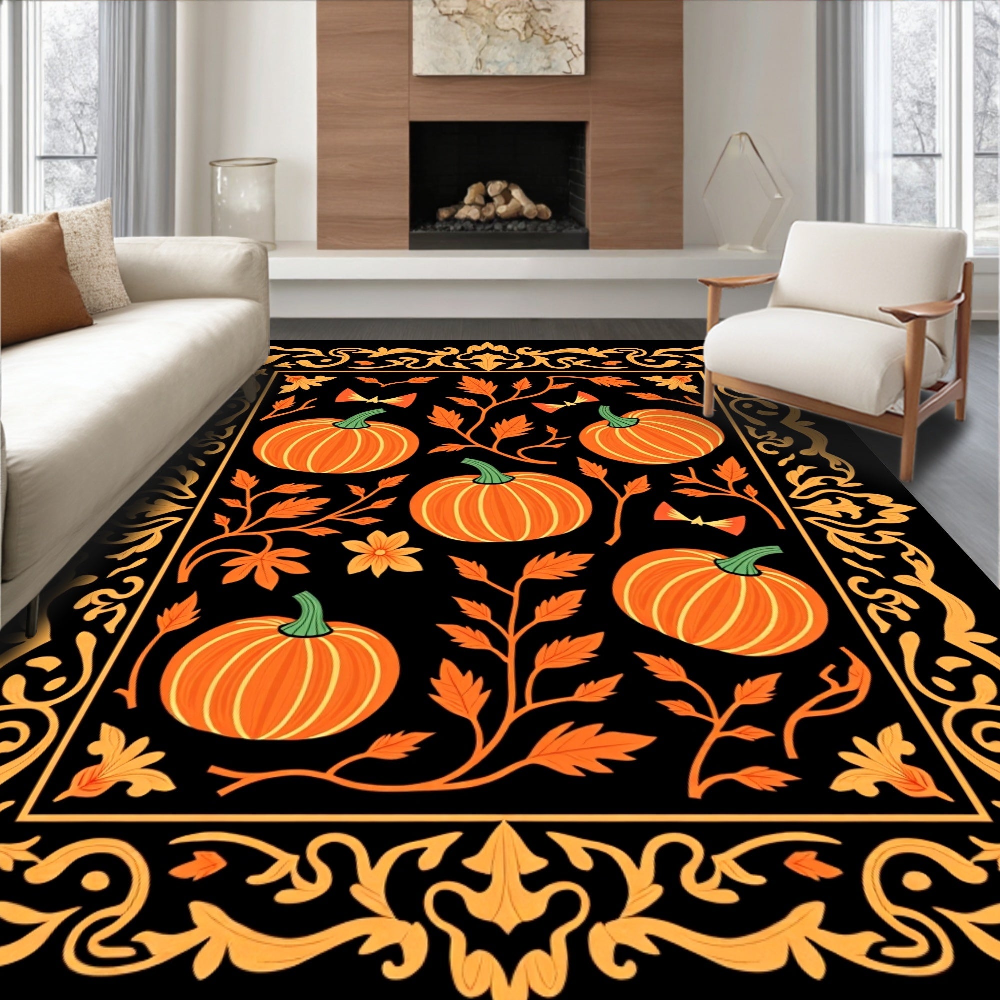 Orange Pumpkin Vine Bordered Rug