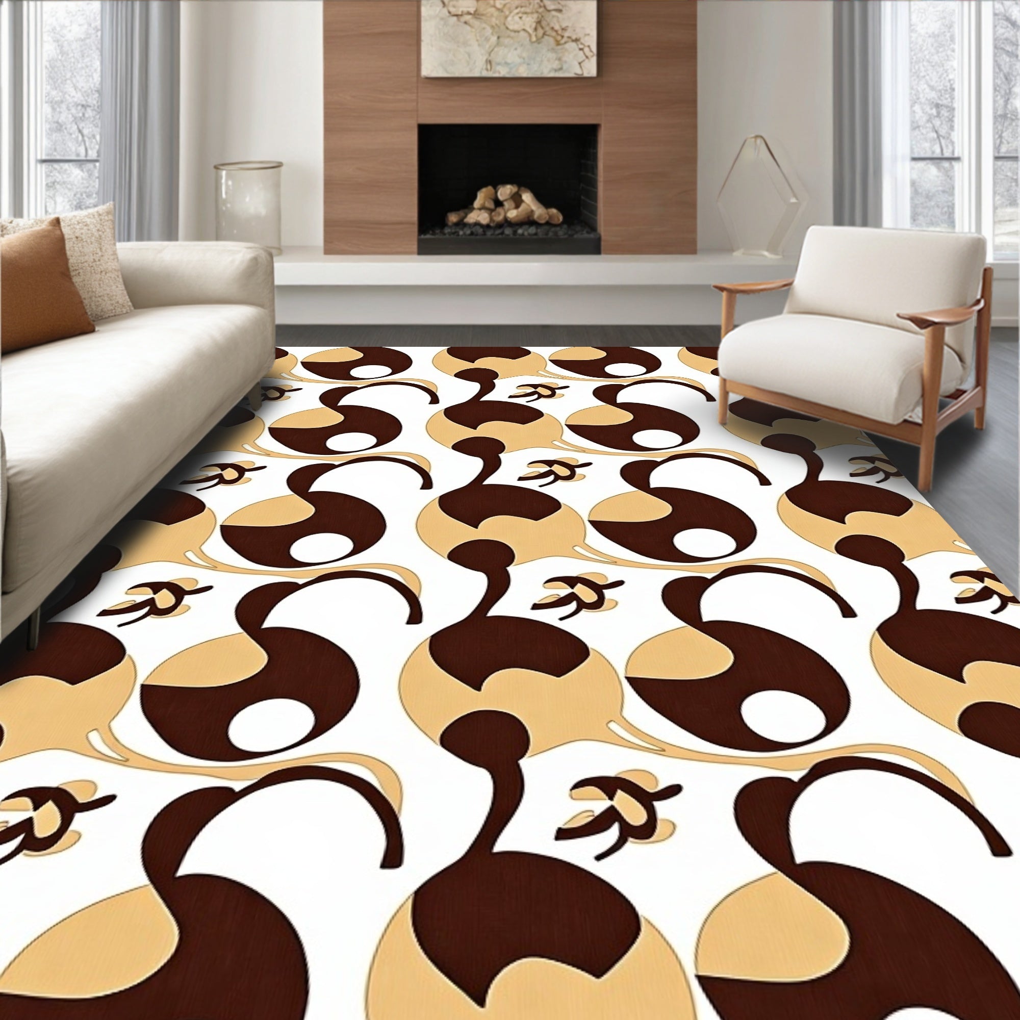 Retro Chic Golden Brown Stylized Floral Rug