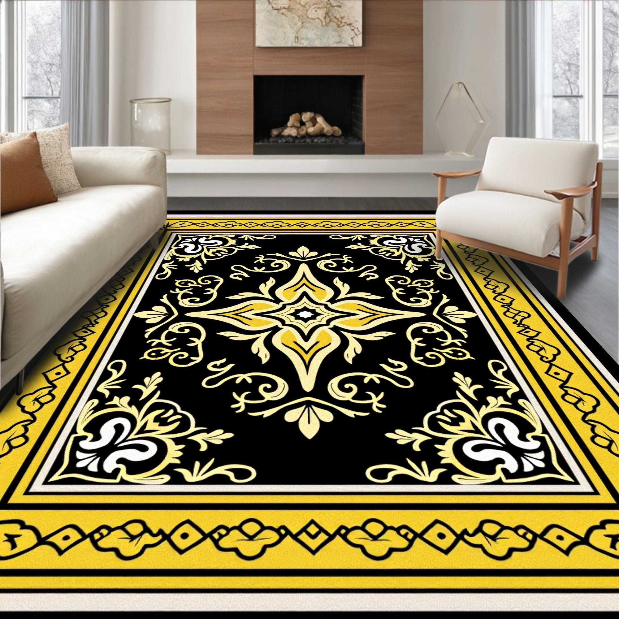 Ornate Black and Yellow Floral Medallion Rug
