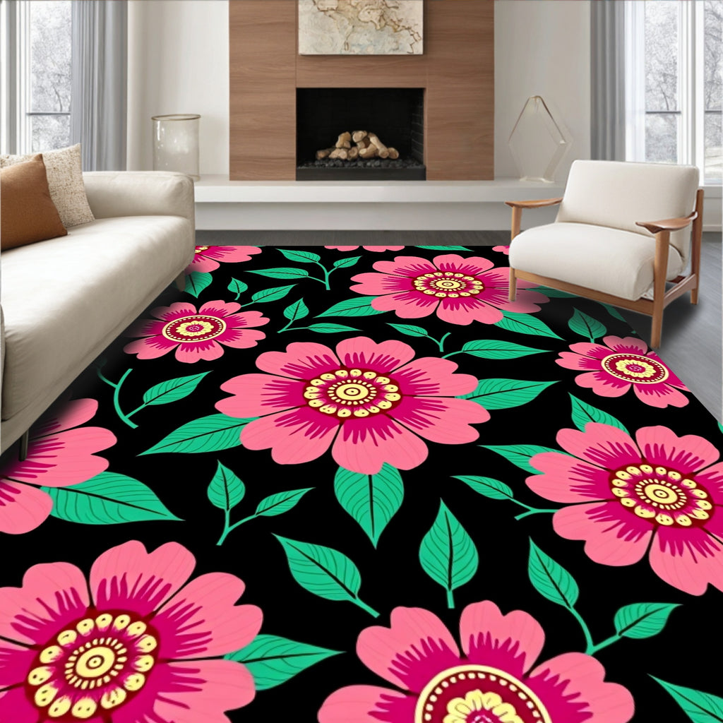 Vibrant Pink Floral Black Botanical Rug