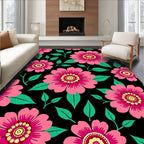 Vibrant Pink Floral Black Botanical Rug
