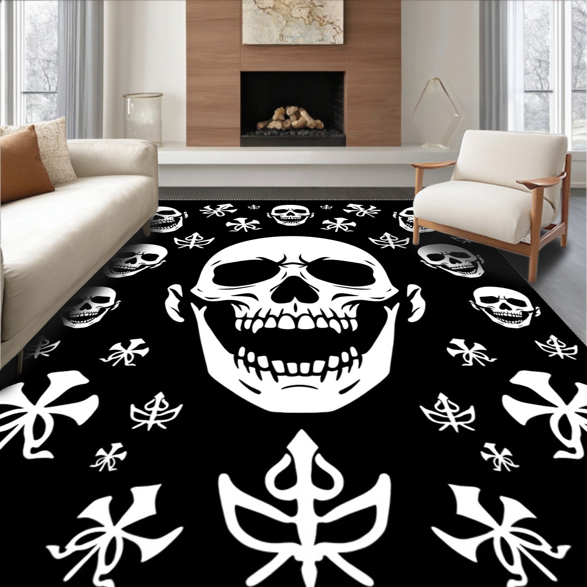 Black White Skull Garden Medallion Rug