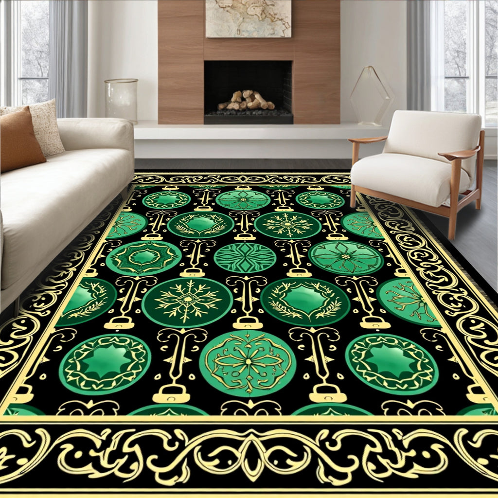 Emerald Green Ornamental Bauble Border Rug
