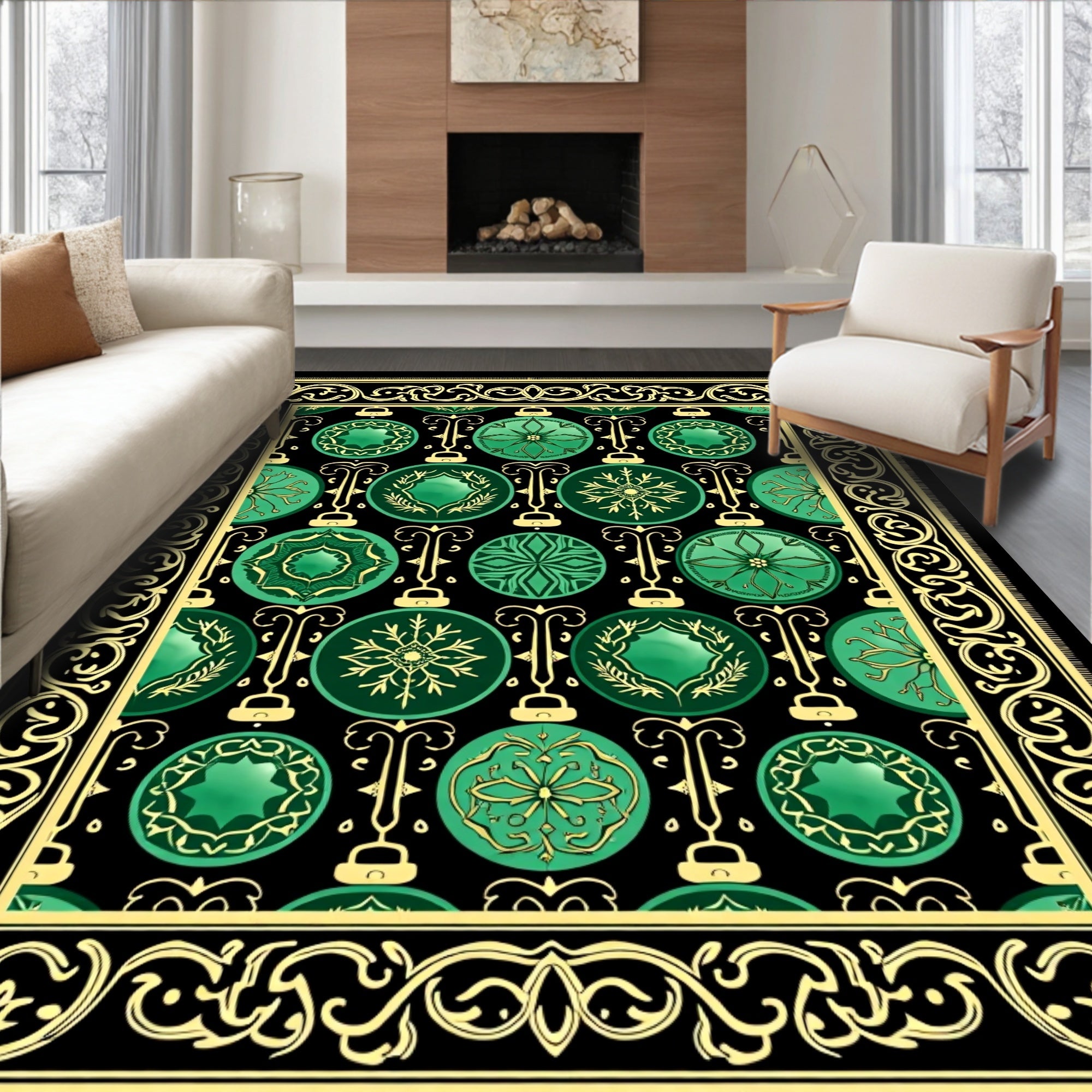 Emerald Green Ornamental Bauble Border Rug