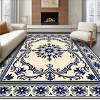 Navy Floral Medallion Cream Border Rug
