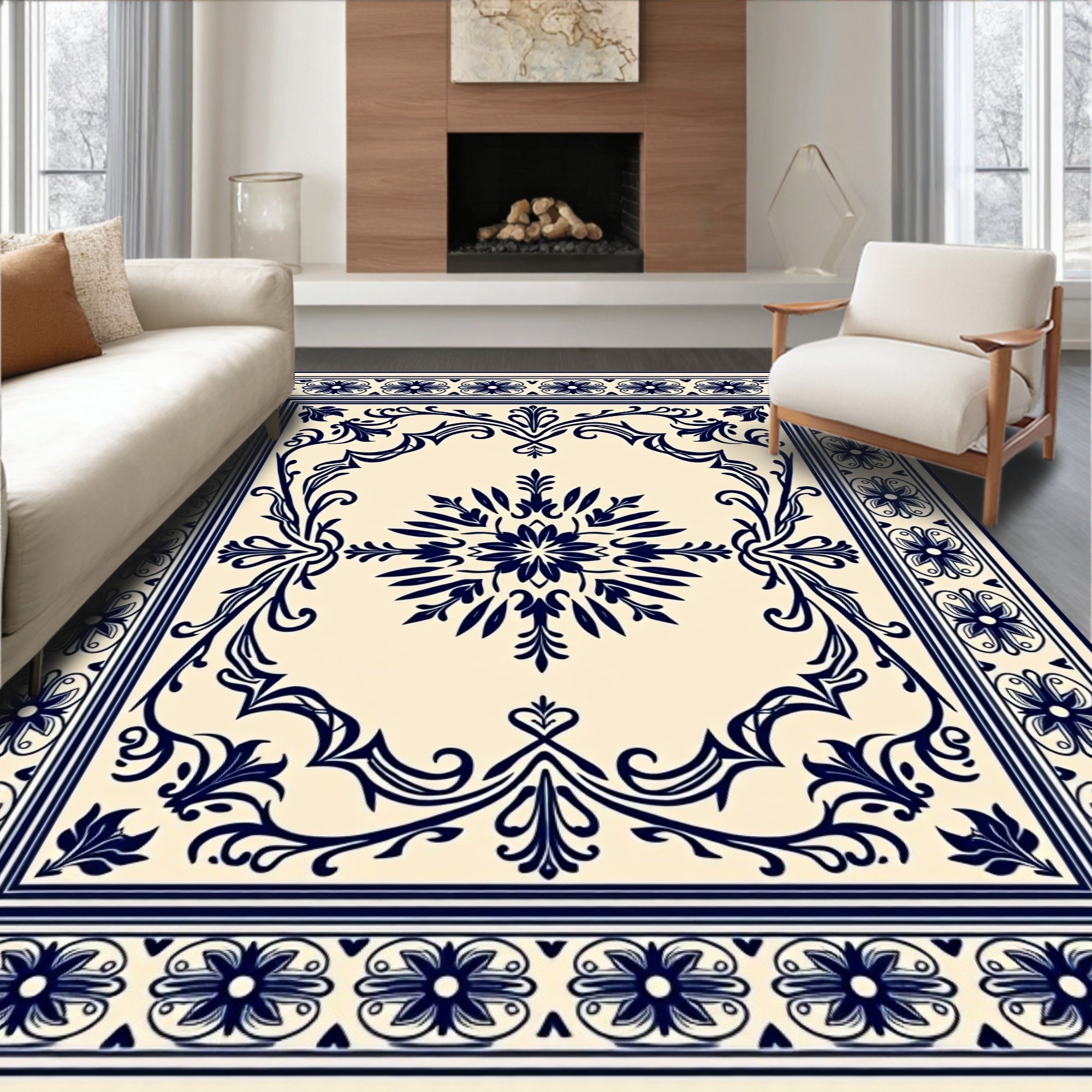Navy Floral Medallion Cream Border Rug