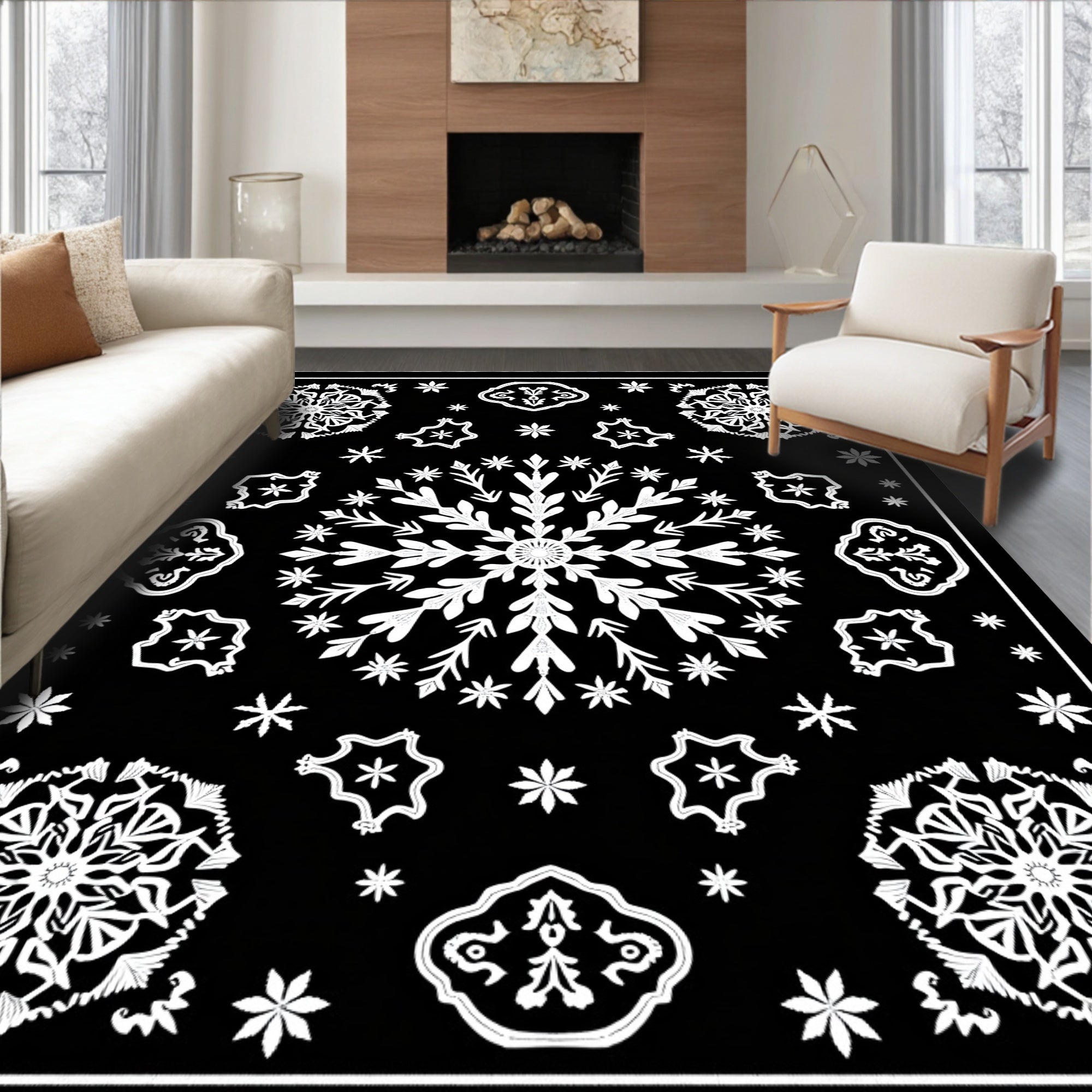Black White Snowflake Starburst Medallion Rug