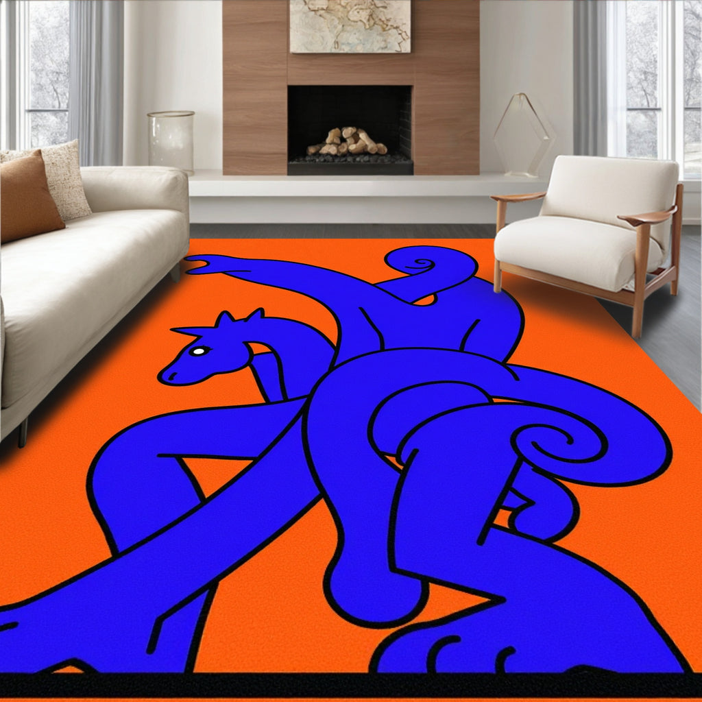 Bold Blue Figure Horse Abstract Orange Rug