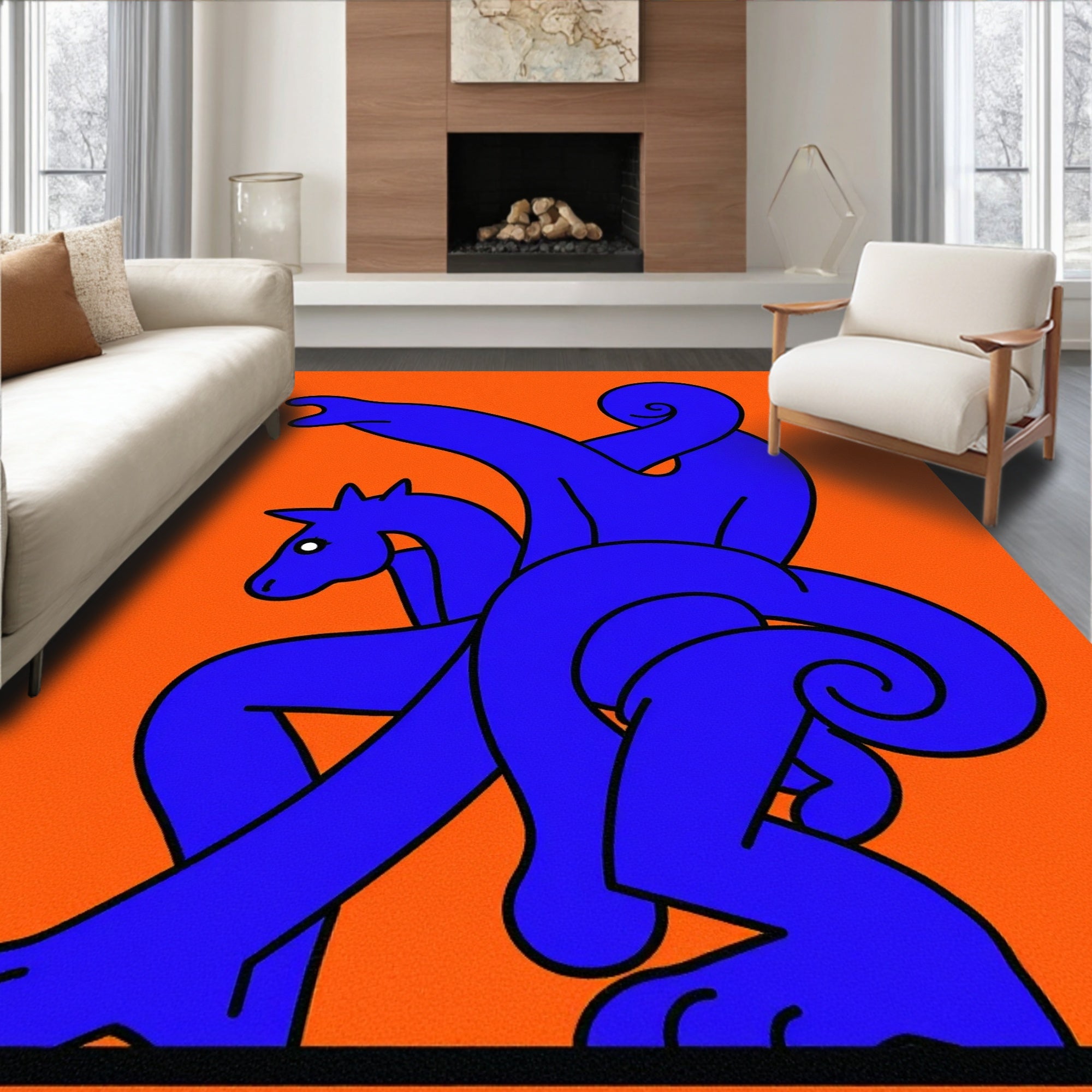 Bold Blue Figure Horse Abstract Orange Rug
