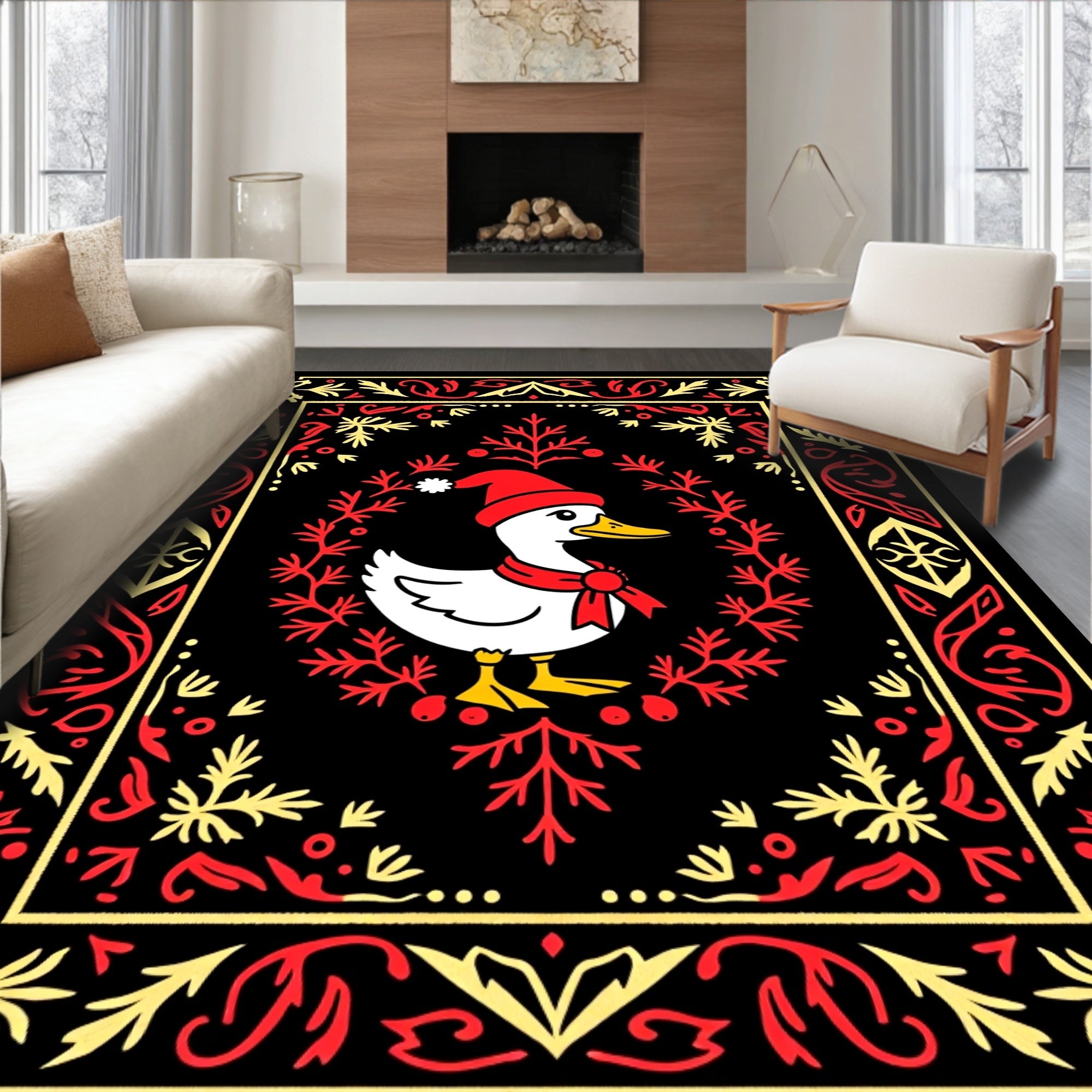 Festive Red Yellow Duck Wreath Rug
