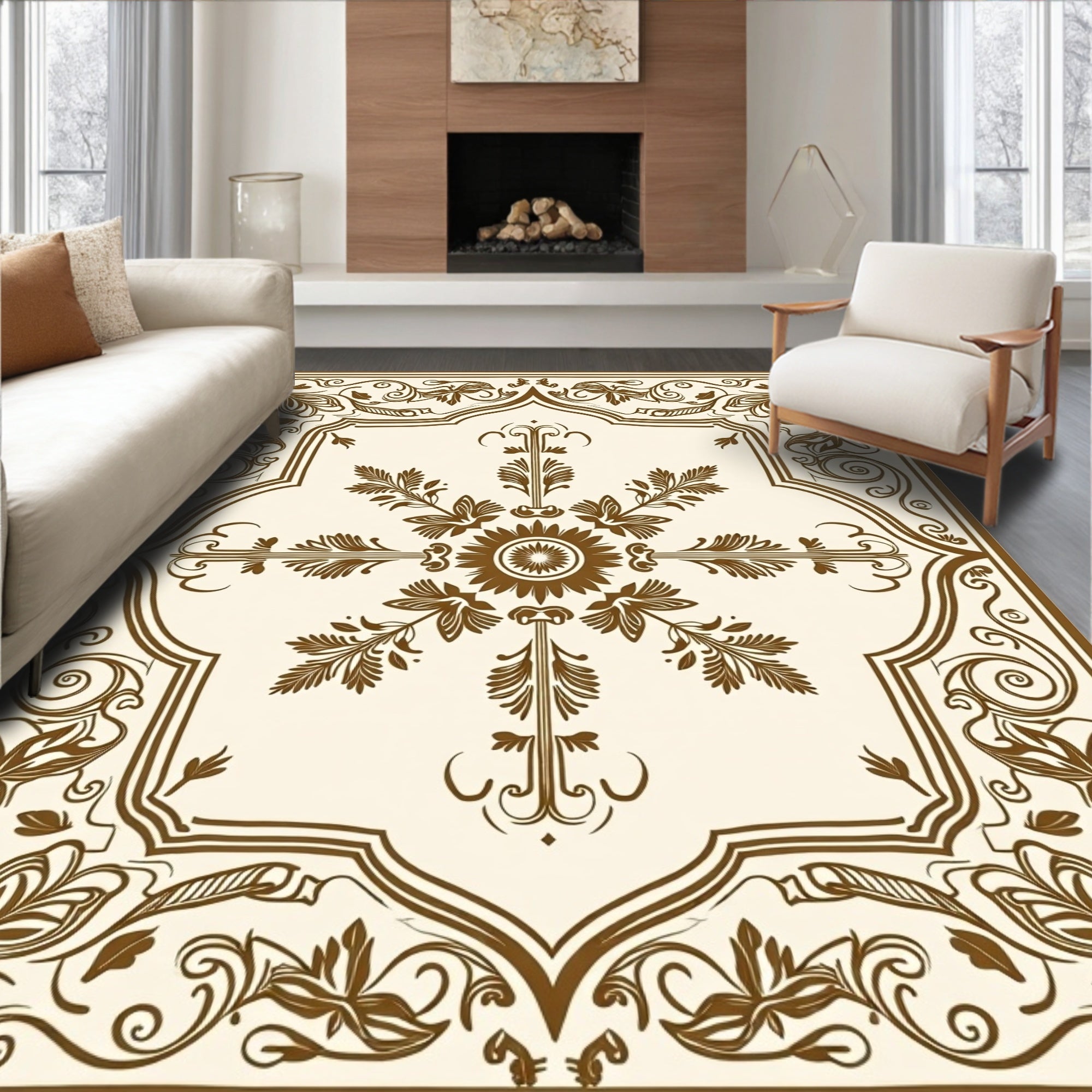 Elegant Brown Floral Sunburst Frame Rug