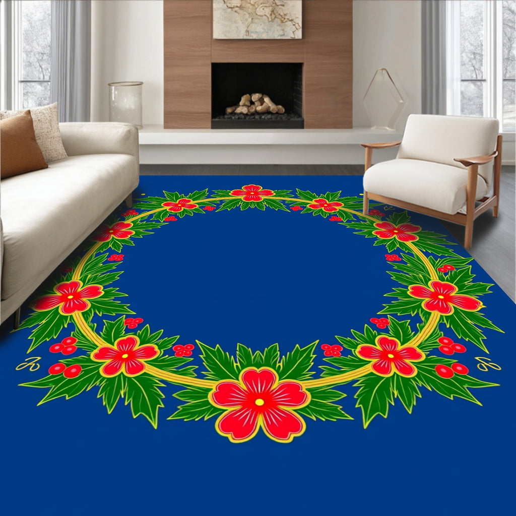 Red Flower Leaf Garland Round Rug