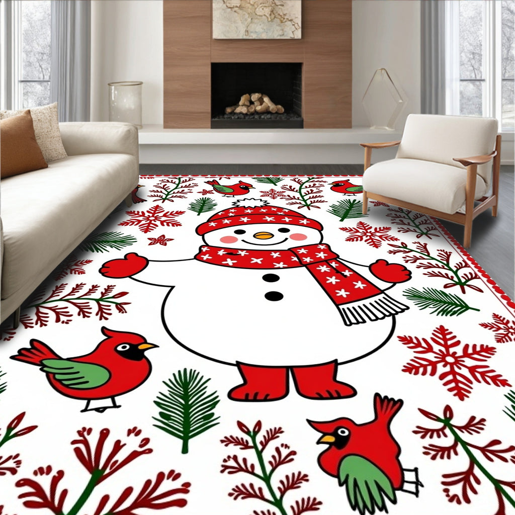 Joyful Red Cardinal Snowman Holiday Scene Rug