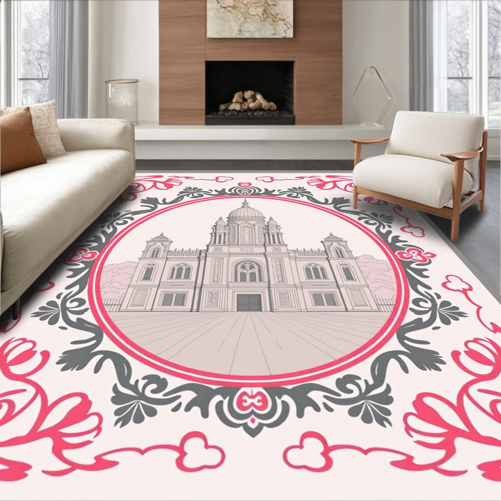 Ornate Pink Floral Building Medallion Rug