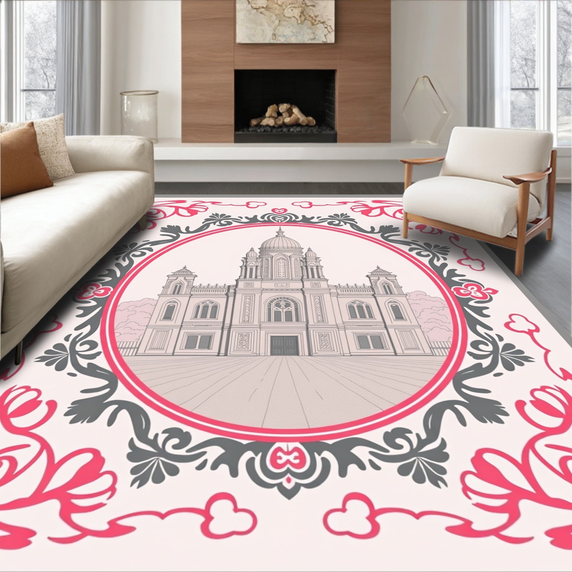 Ornate Pink Floral Building Medallion Rug