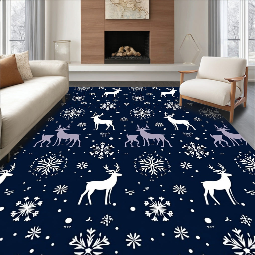 Navy White Deer Snowflakes Repeating Rug