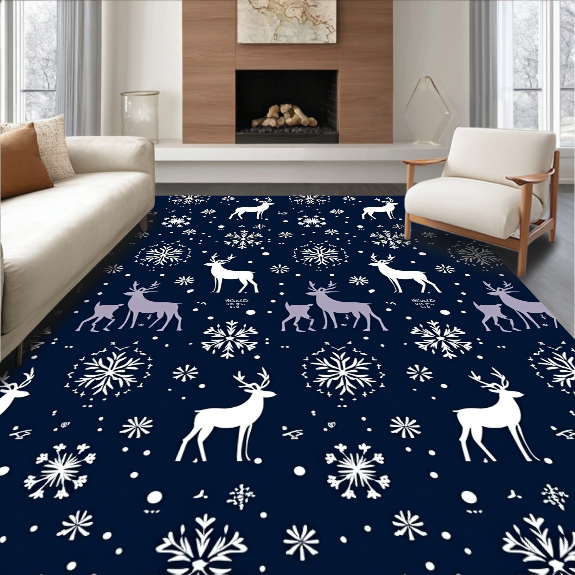 Navy White Deer Snowflakes Repeating Rug