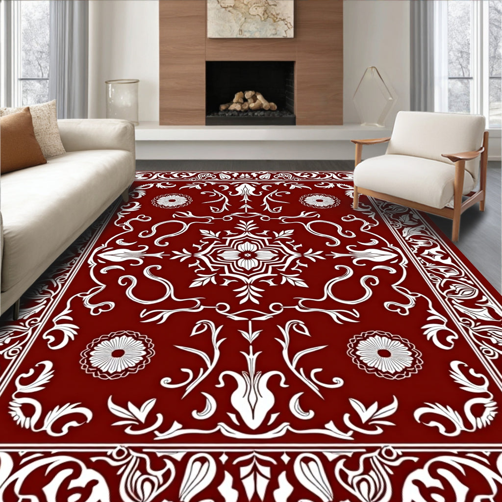 Deep Red White Floral Medallion Border Rug