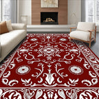 Deep Red White Floral Medallion Border Rug