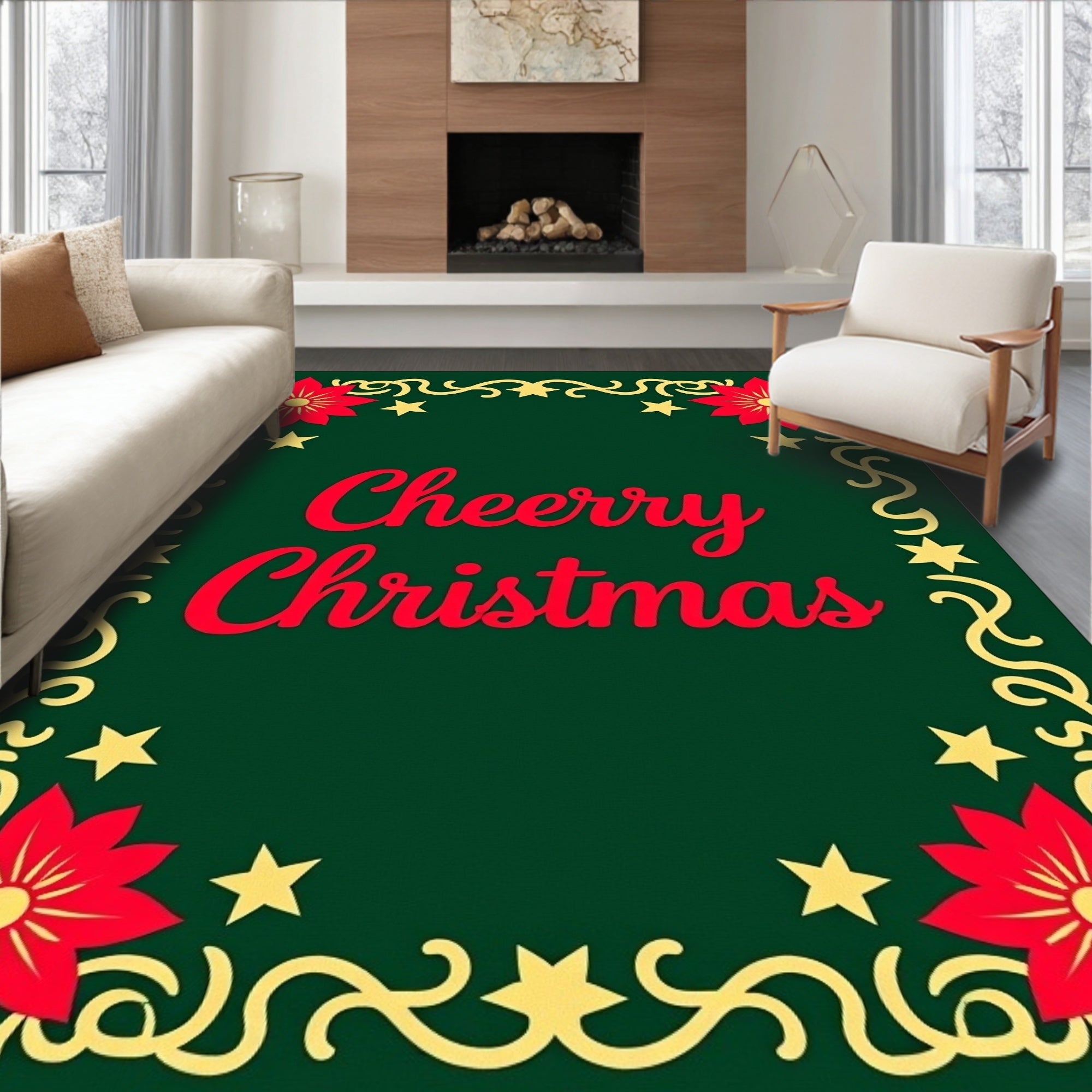 Crimson Poinsettia Gold Swirl Christmas Rug