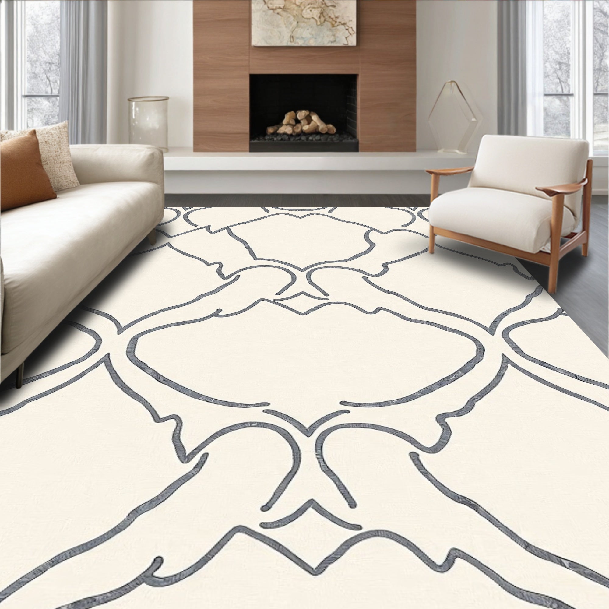 Cream and Gray Trellis Overlay Rug