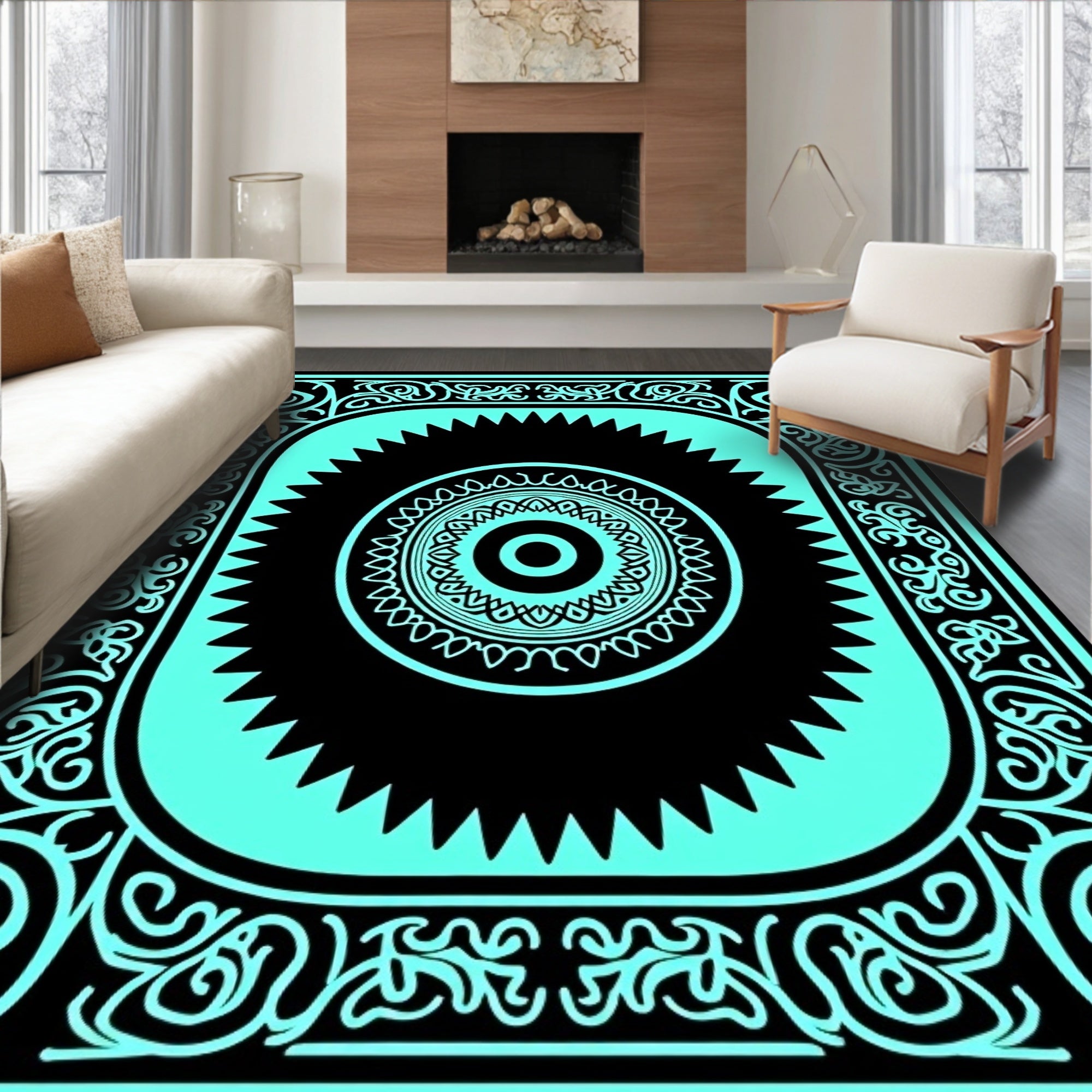 Teal Black Ornamental Medallion Rug