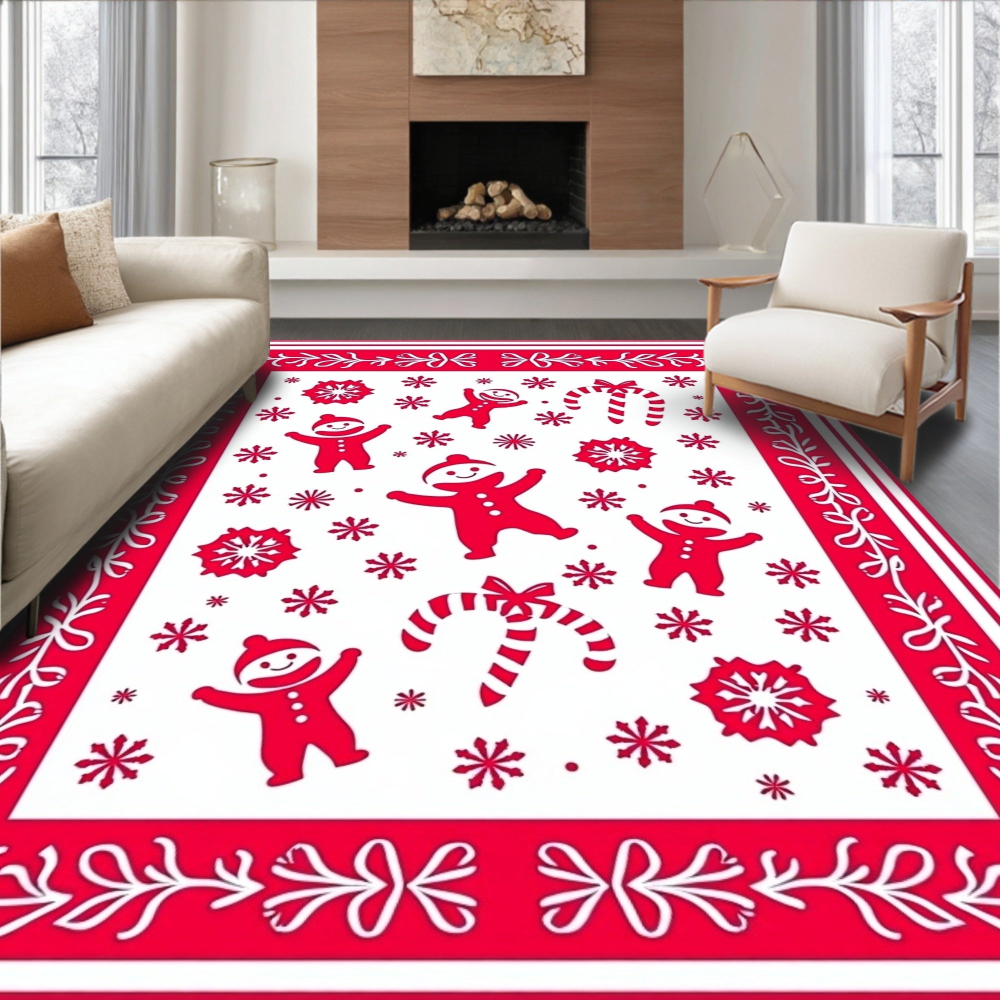 Red Gingerbread Candy Cane Snowflakes Rug