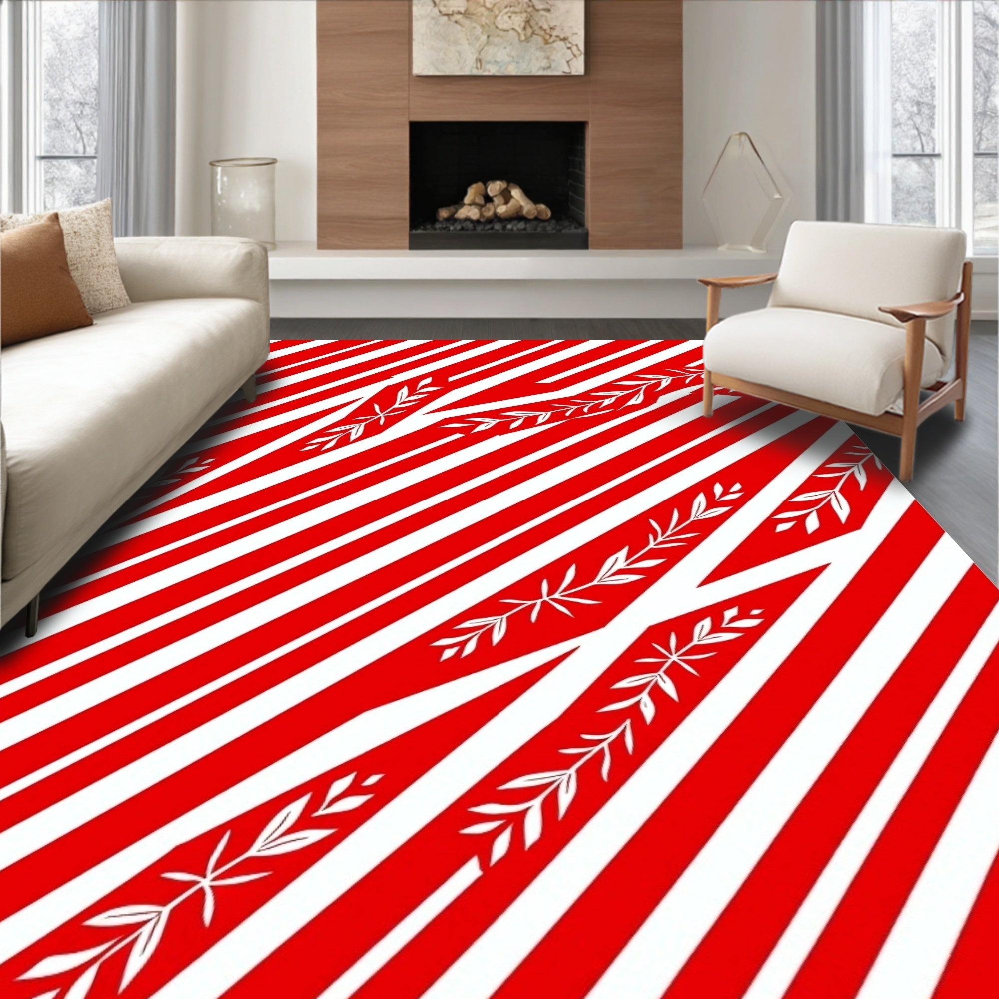 Crimson White Diagonal Branch Stripe Rug