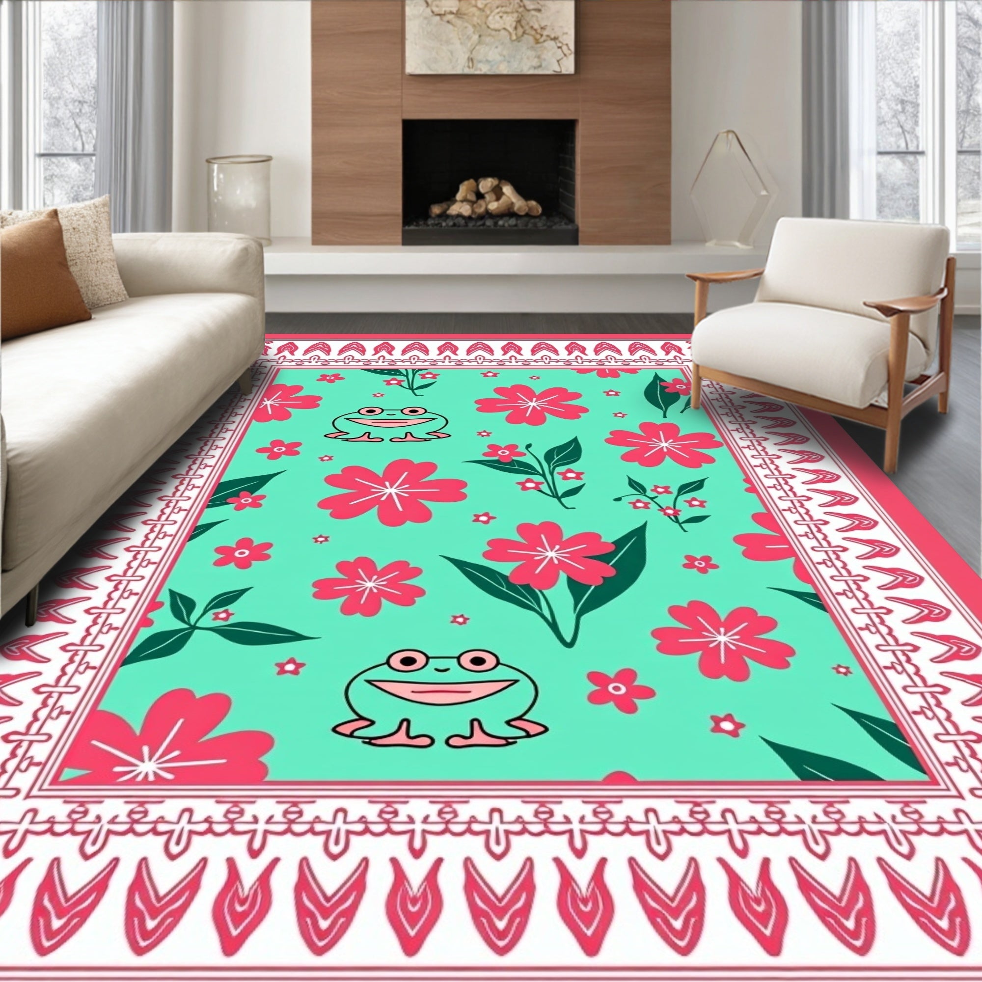 Whimsical Frog and Flower Field Rug