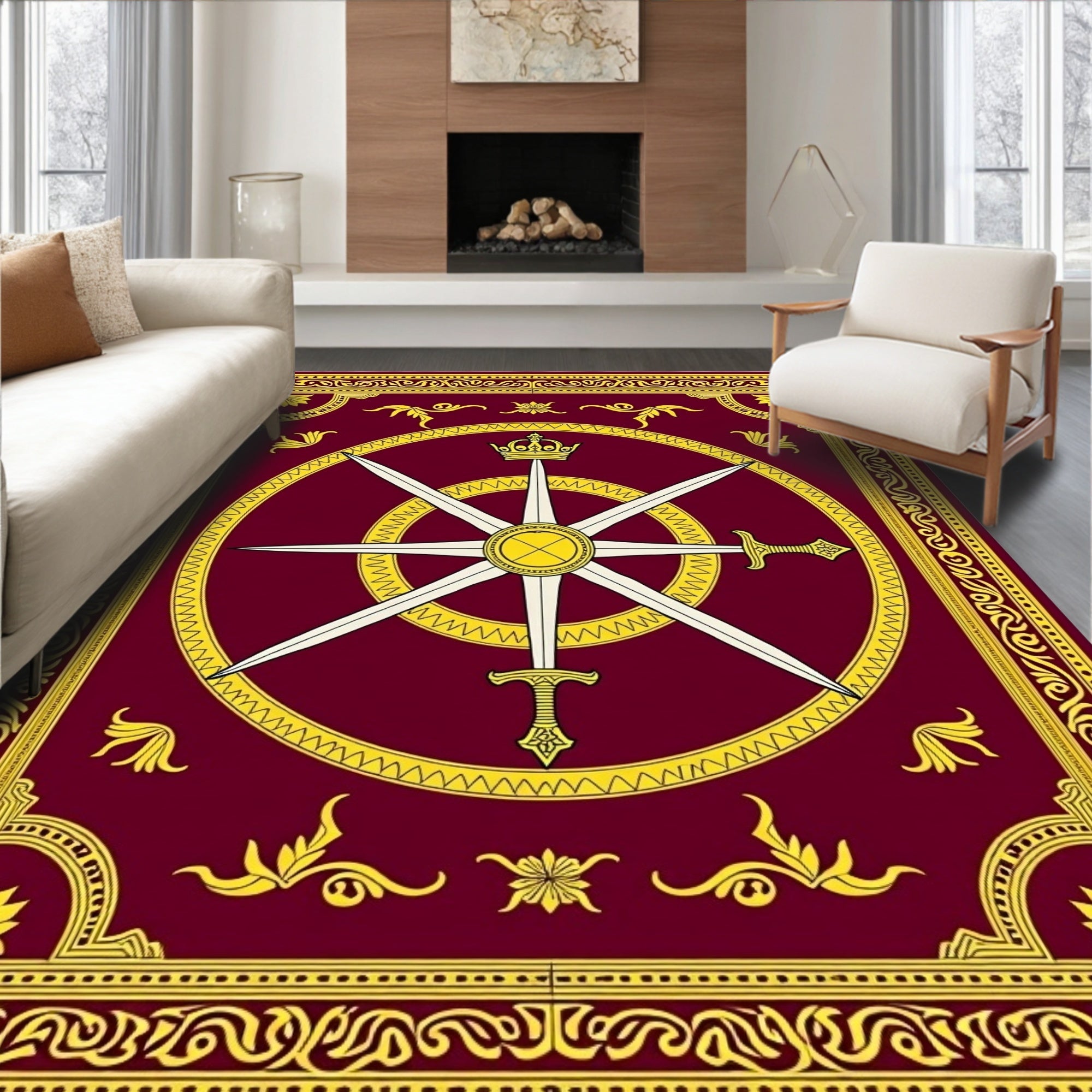 Crimson Gold Sword Compass Emblem Rug